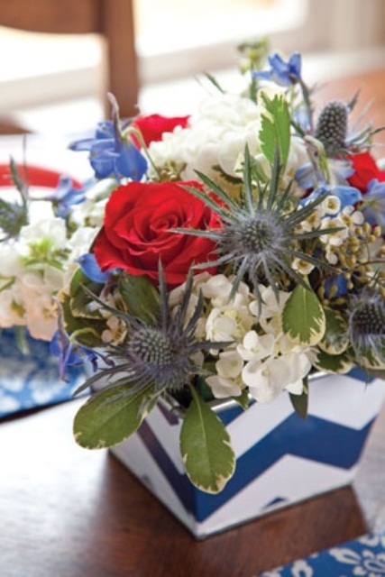 Chevron Planter Holds a Textured Red, White, and Blue Bouquet