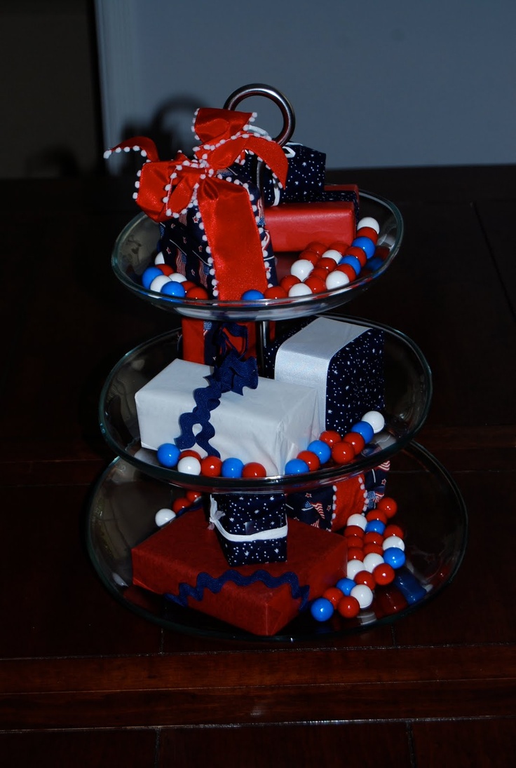 Tiered Stand With Wrapped Gifts and Candy Garland