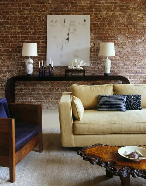 Console Table with Sculptural Art and Matching Lamps