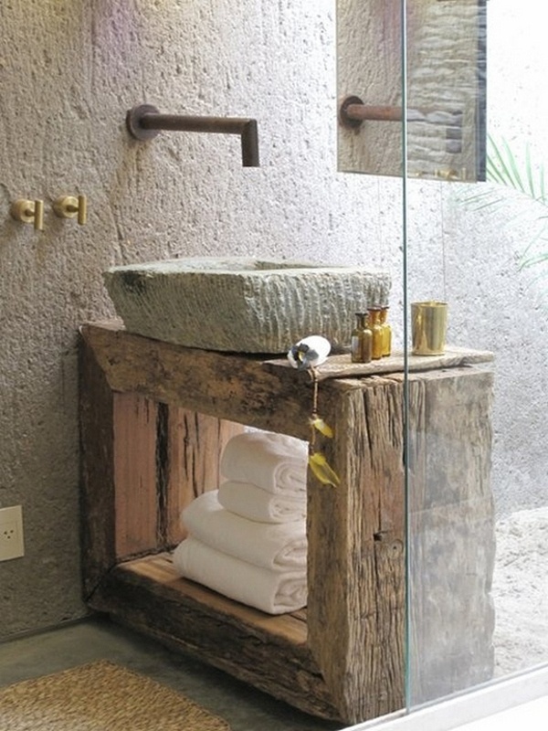 Rough-Hewn Wood Vanity Holds Stacked White Towels