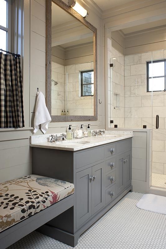 Gray Vanity With Built-In Bench Offers Comfortable Seating