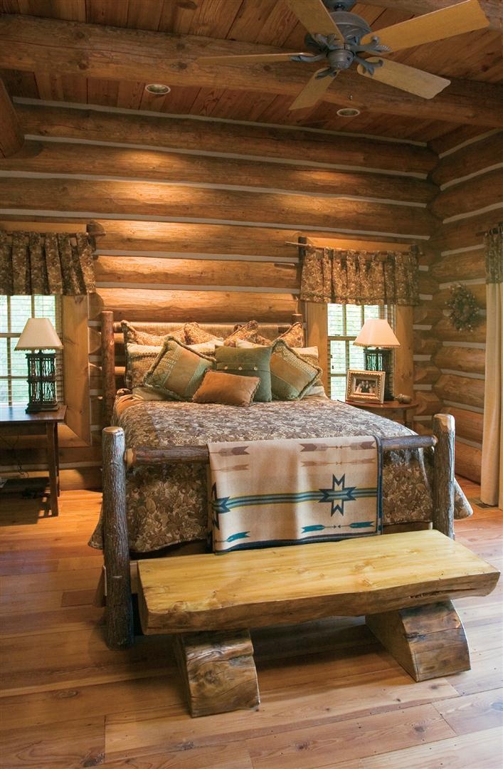 Log Bench Adds Rustic Seating at Foot of Bed