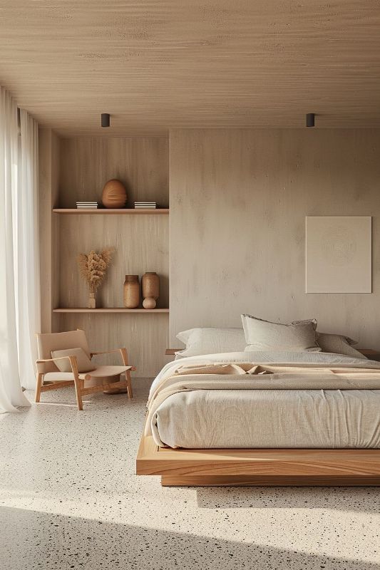 Wooden Shelves Display Earthy Vases and Sculptural Objects