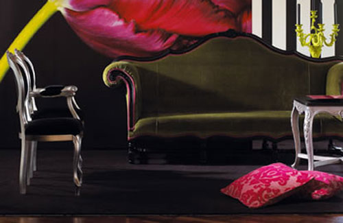 Silver Armchairs with Black Velvet Seats Add Contrast