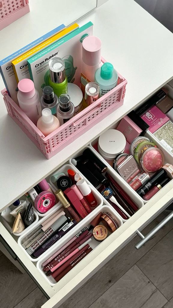 Pink Collapsible Crate for Countertop Skincare Organization