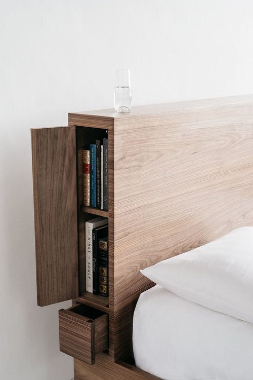 Wood Headboard With Integrated Cabinet And Drawer