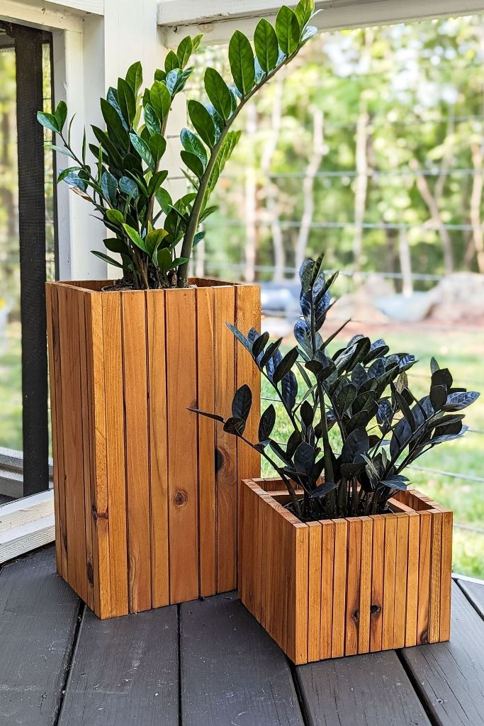 Natural Wood Planters With Contrasting Greenery