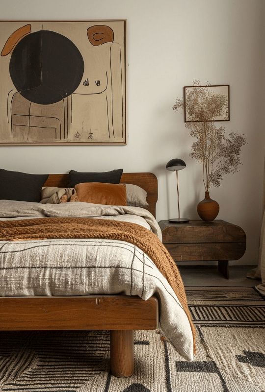 Textured Artwork Adds Abstract Interest Above Bed
