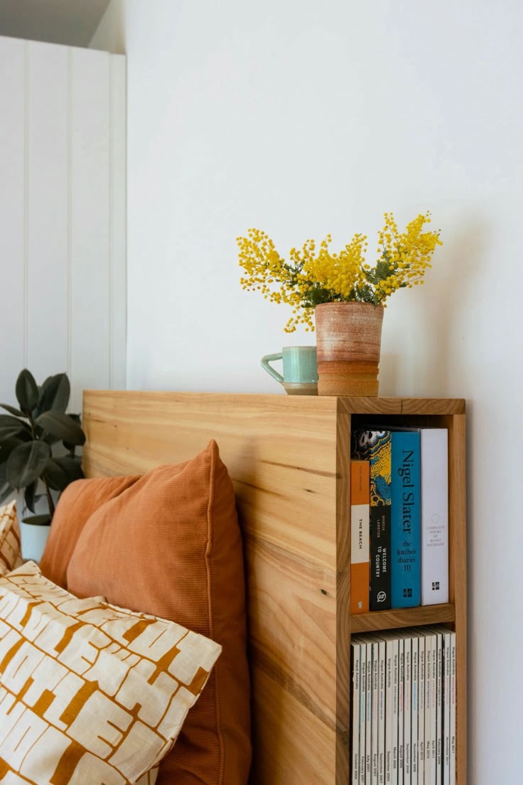 Wood Headboard With Integrated Vertical Book Nook
