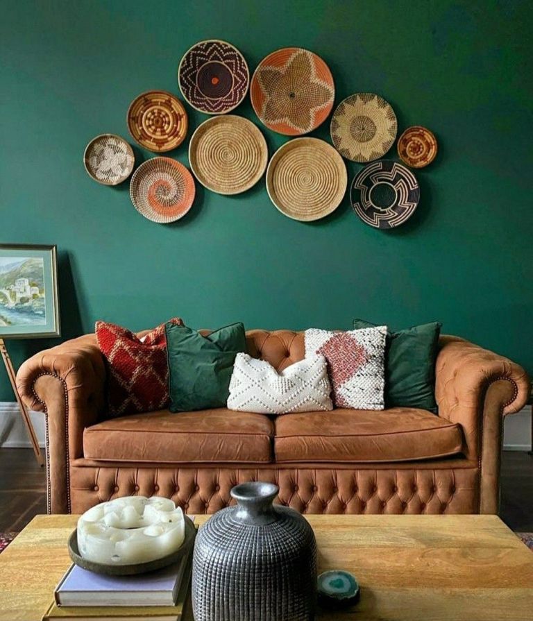 Woven Wall Baskets Add Global Texture Above a Sofa