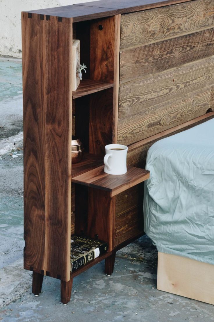 Wood Headboard With Integrated Pull-Out Nightstand
