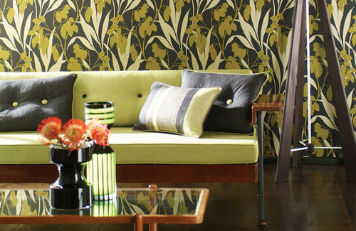 Graphic Striped Vases Contrast with Floral Wallpaper