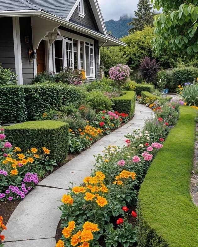 Curving Stone Path Lined With Dense Green Hedges