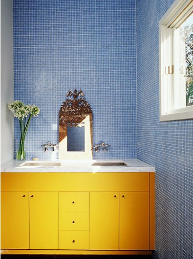 Bright Yellow Vanity With Blue Mosaic Tile Walls