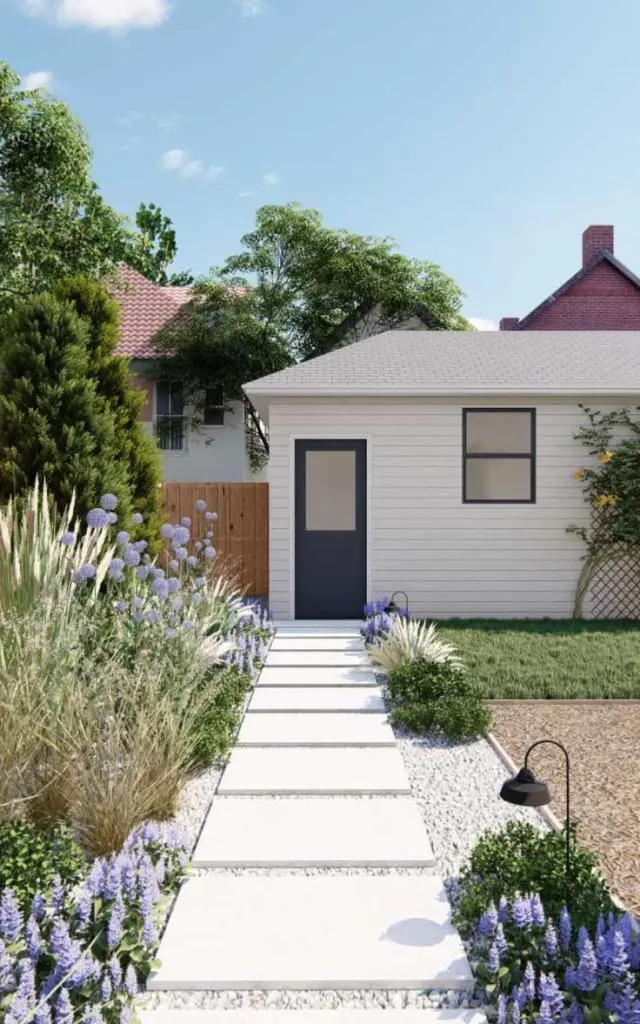 Wide Stone Pavers Create a Modern Garden Pathway