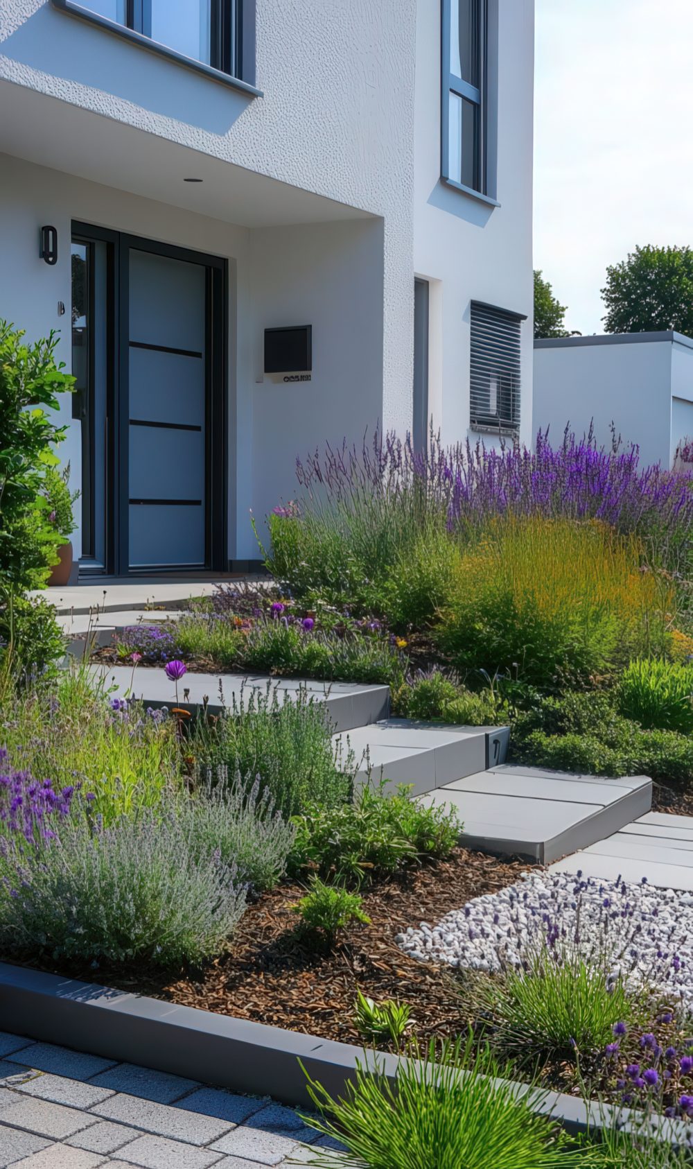 Wide Concrete Steps Soften With Lavender and Purple Blooms