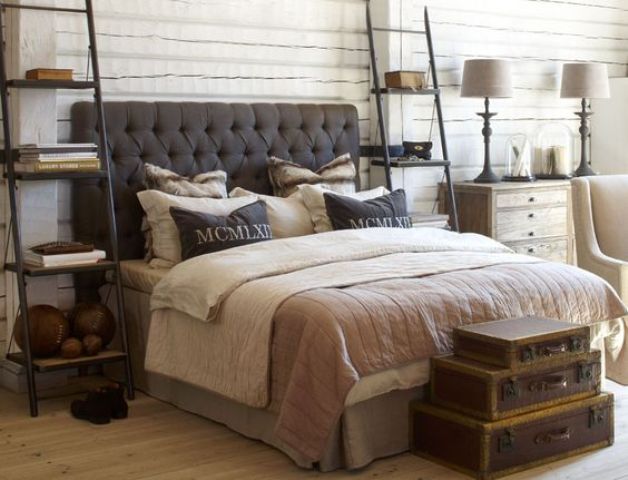 Dark Tufted Headboard Anchors the Dark Bedroom