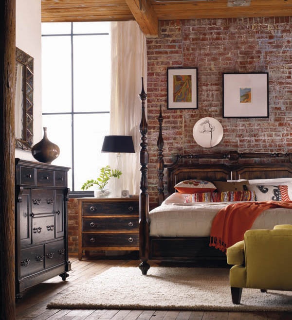 Dark Wood Dressers Complement Exposed Brick Walls