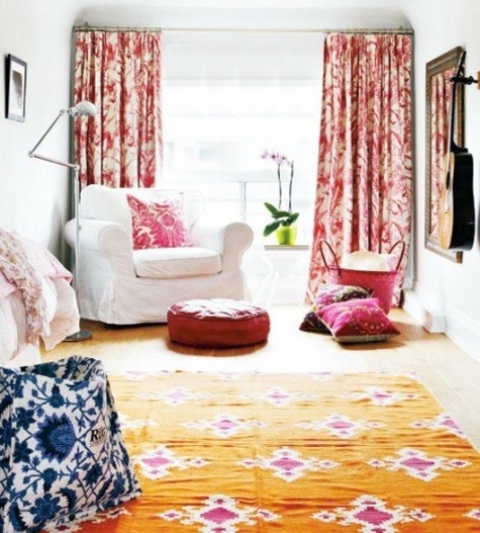 Introduce Patterned Drama with Red and White Floral Curtains