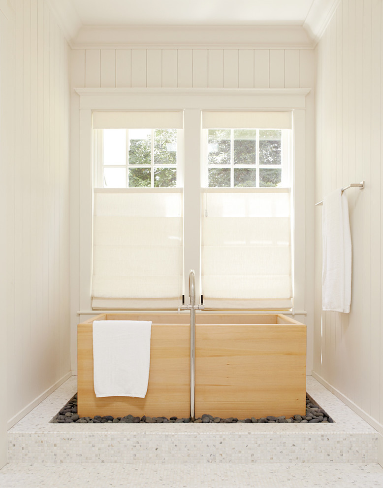 Nestle a Square Wooden Tub in Dark River Stones