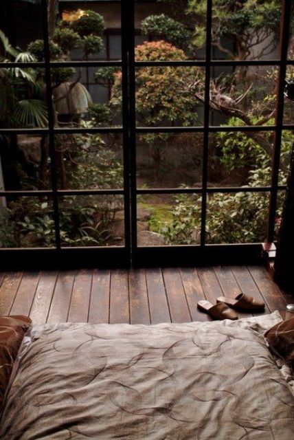 Dark Wood Floor with Bed and Slippers for Calm Mornings
