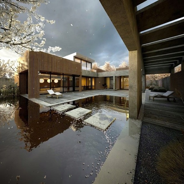 Square Stone Pavers Create a Path Across Water