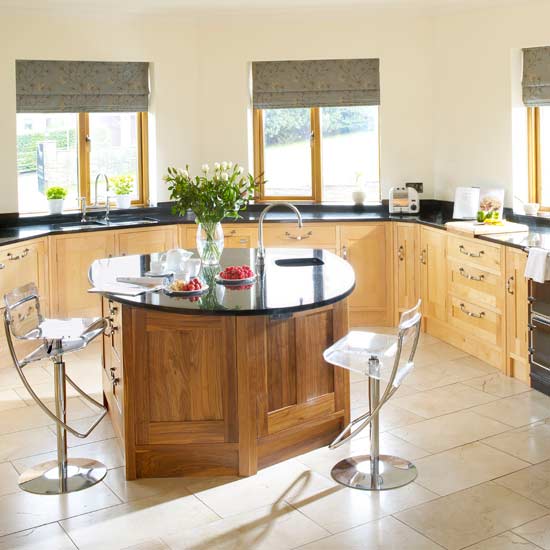 Wood Island with Integrated Sink and Clear Stools