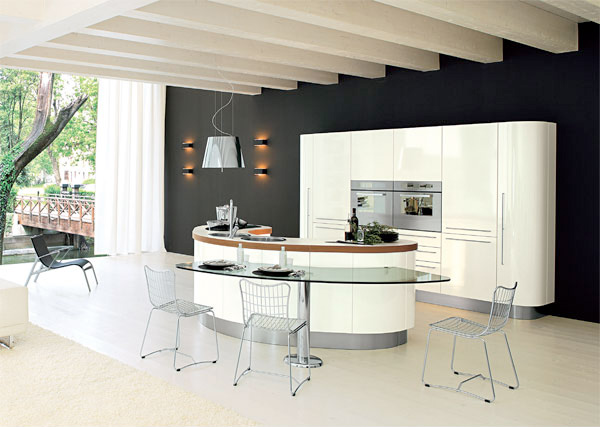 Curved Kitchen Island with Integrated Dining Table