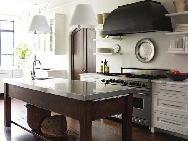 Dark Wood Island with Open Lower Shelf for Baskets