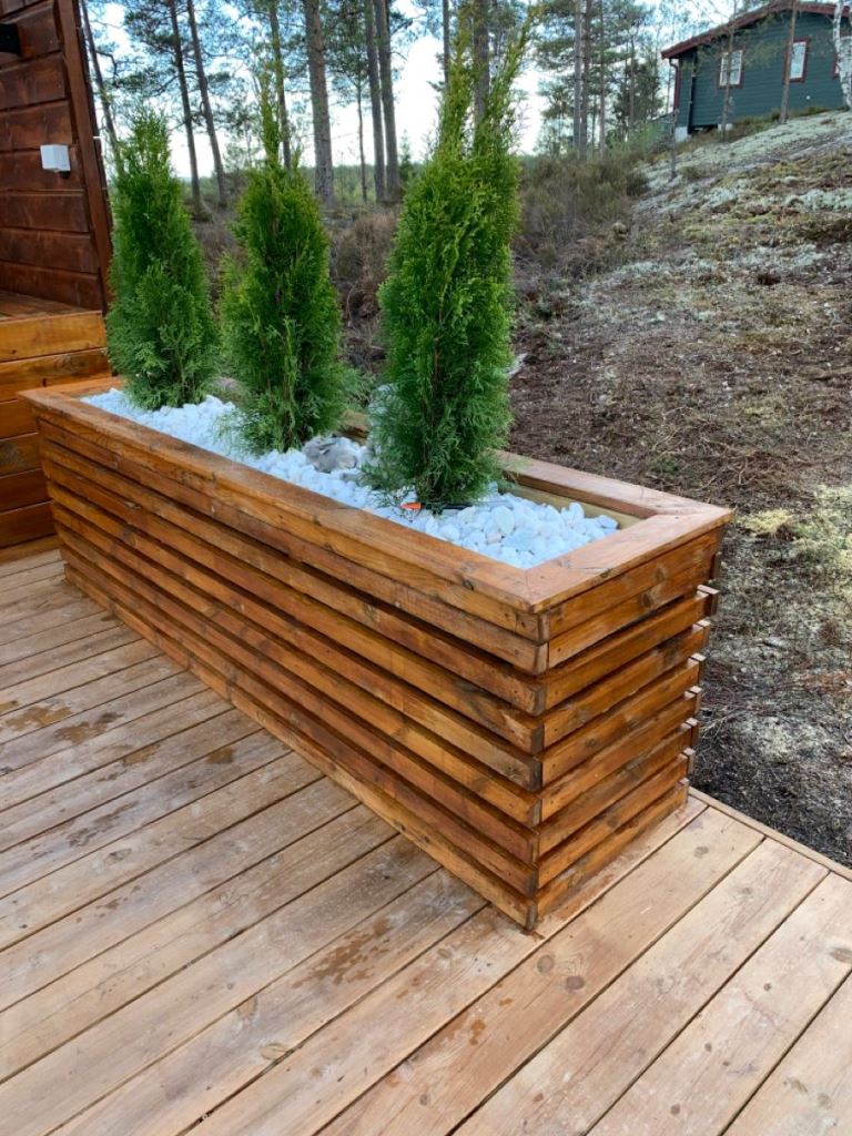 Long Wooden Planter Box With Tall Evergreen Trio
