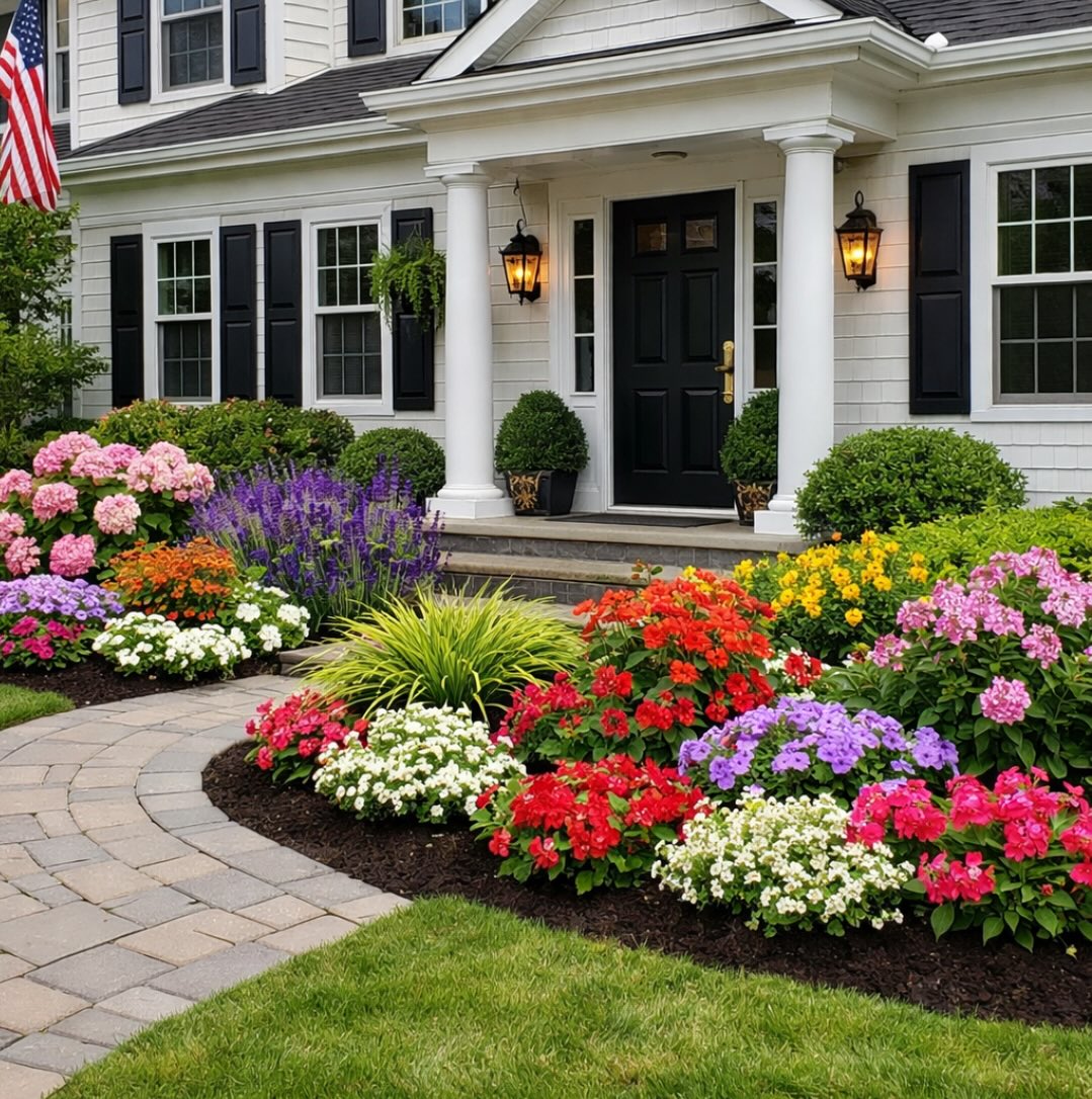 Curved Stone Path Guides the Eye Through a Rainbow of Blooms
