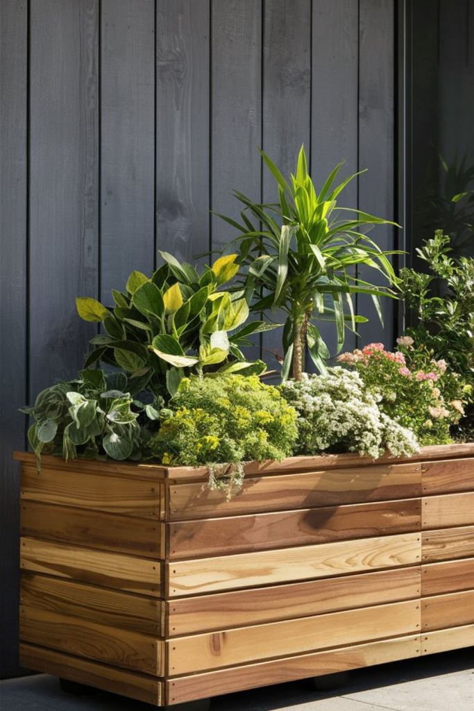 Layered Greenery Adds Depth to Natural Wood Planter