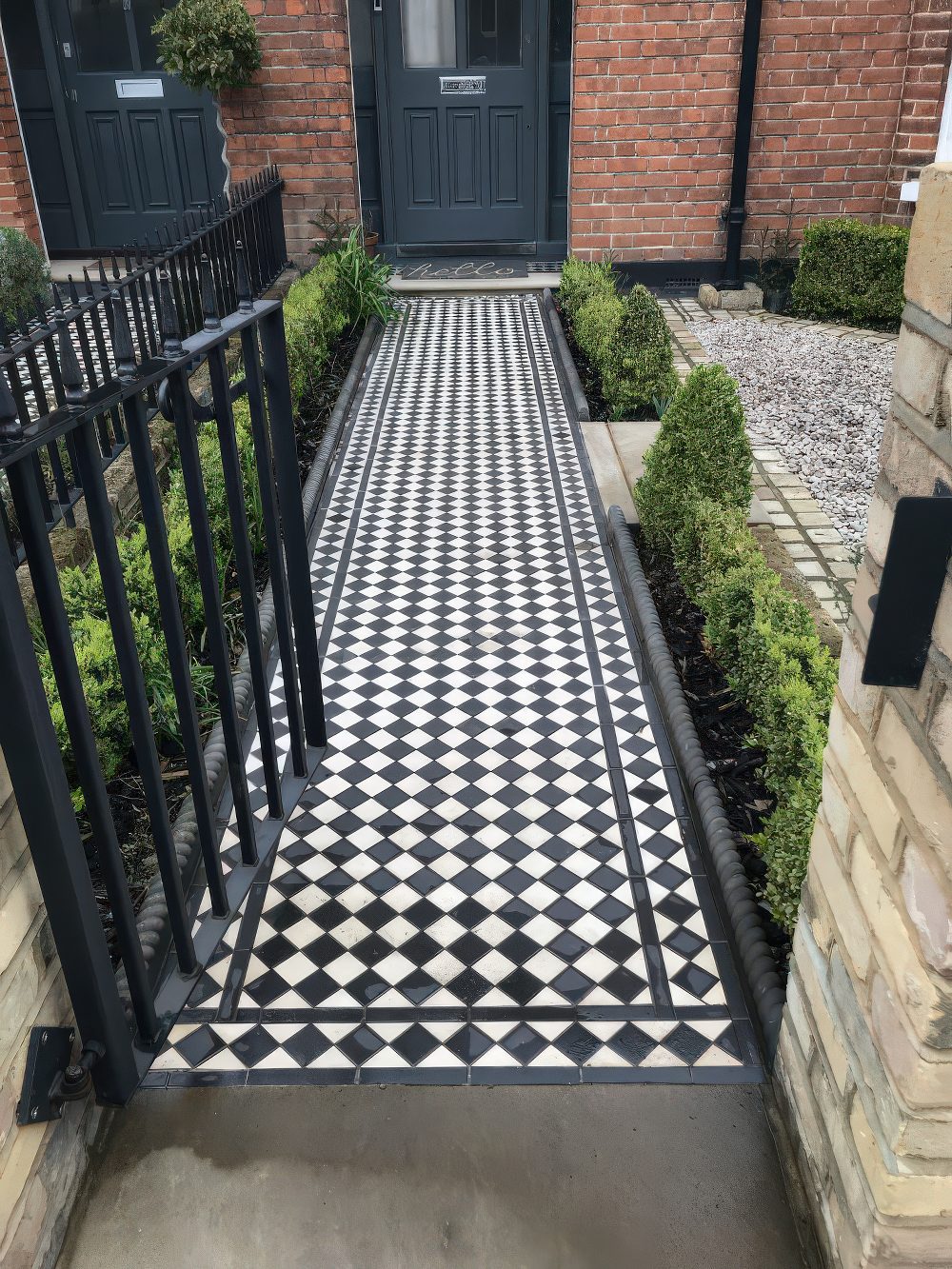 Diamond Pattern Tile Path With Boxwood Borders