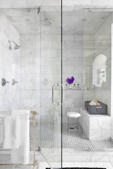 Shower Niche with Purple Flowers and Apothecary Bottles