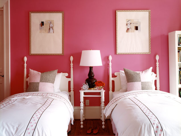 Pair White Spindle Beds With Pink Polka Dot Bedding