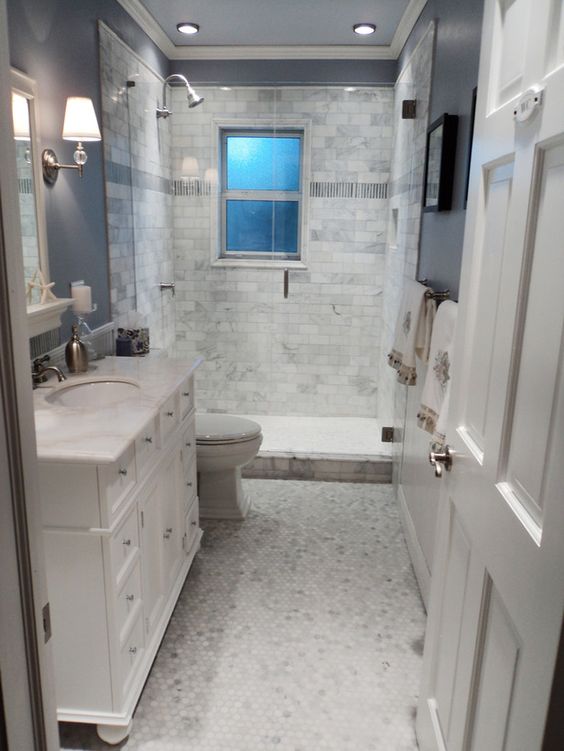 Marble Subway Tile Shower With Horizontal Accent Band