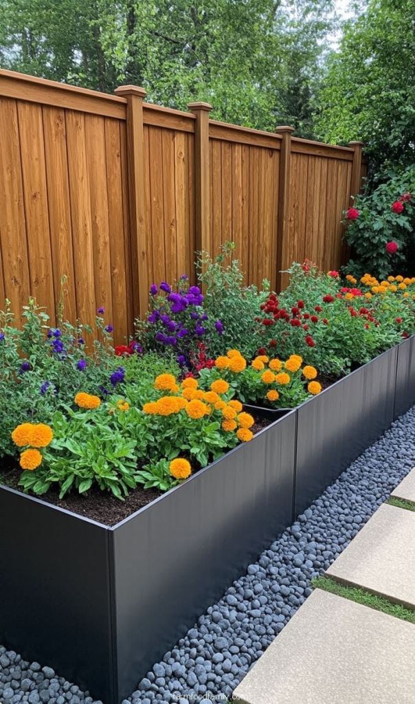 Low Black Planters With Colorful Blooms