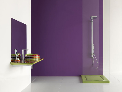 Floating Shelf With Striped Containers Holds Bath Accessories