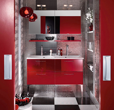 Red Vanity With Silver Grid Walls Creates a Bold Statement