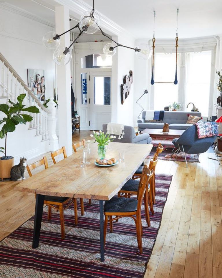 Live-Edge Dining Table With Geometric Rug