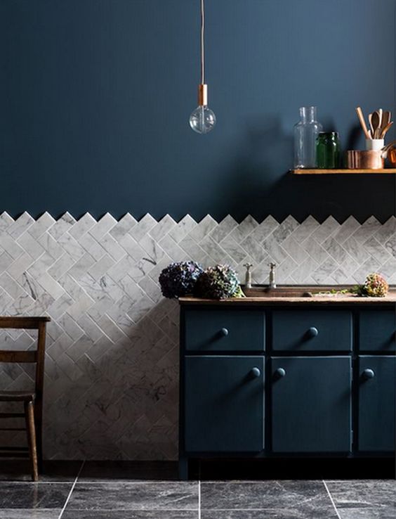 Herringbone Marble Tile Backsplash Adds Subtle Pattern