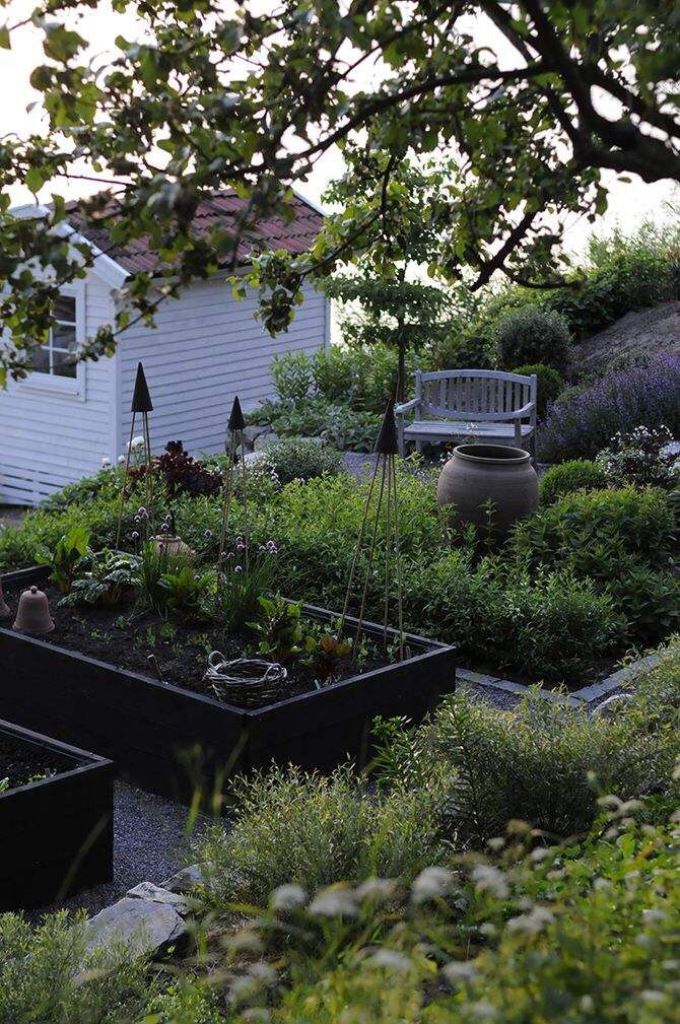 Modern Space with Dark Raised Beds and Decorative Supports