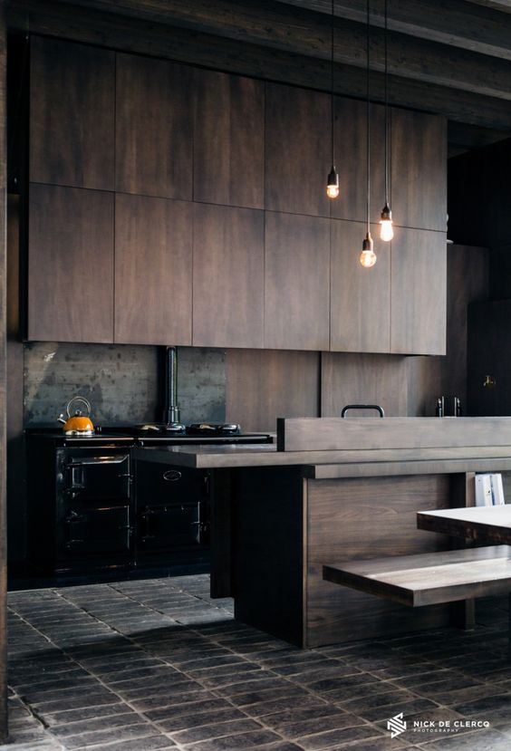 Dark Wood Island With Integrated Bench Seating