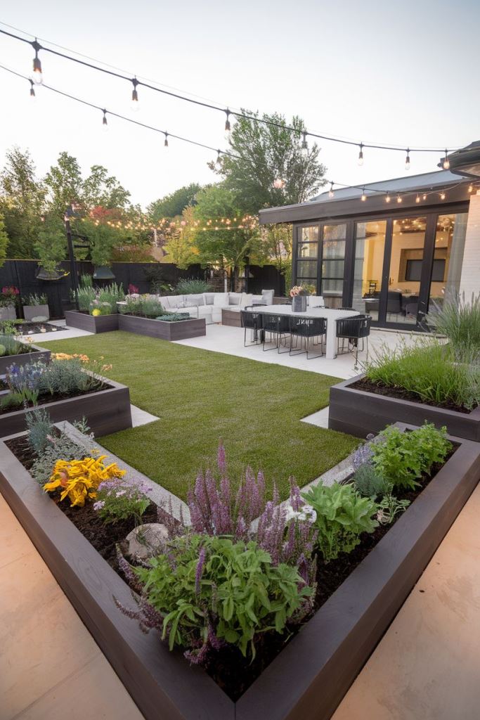 Dark Wood Planters Create Geometric Garden Beds