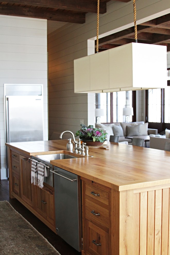 Natural Wood Island with Integrated Sink and Dishwasher