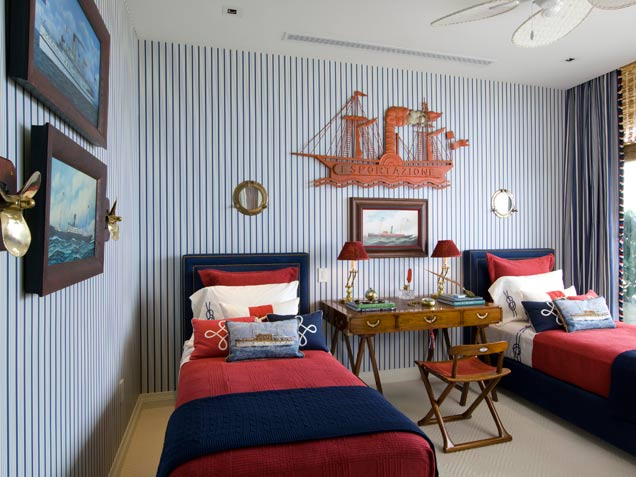 Nautical Ship Art Adds Thematic Detail Above Desk
