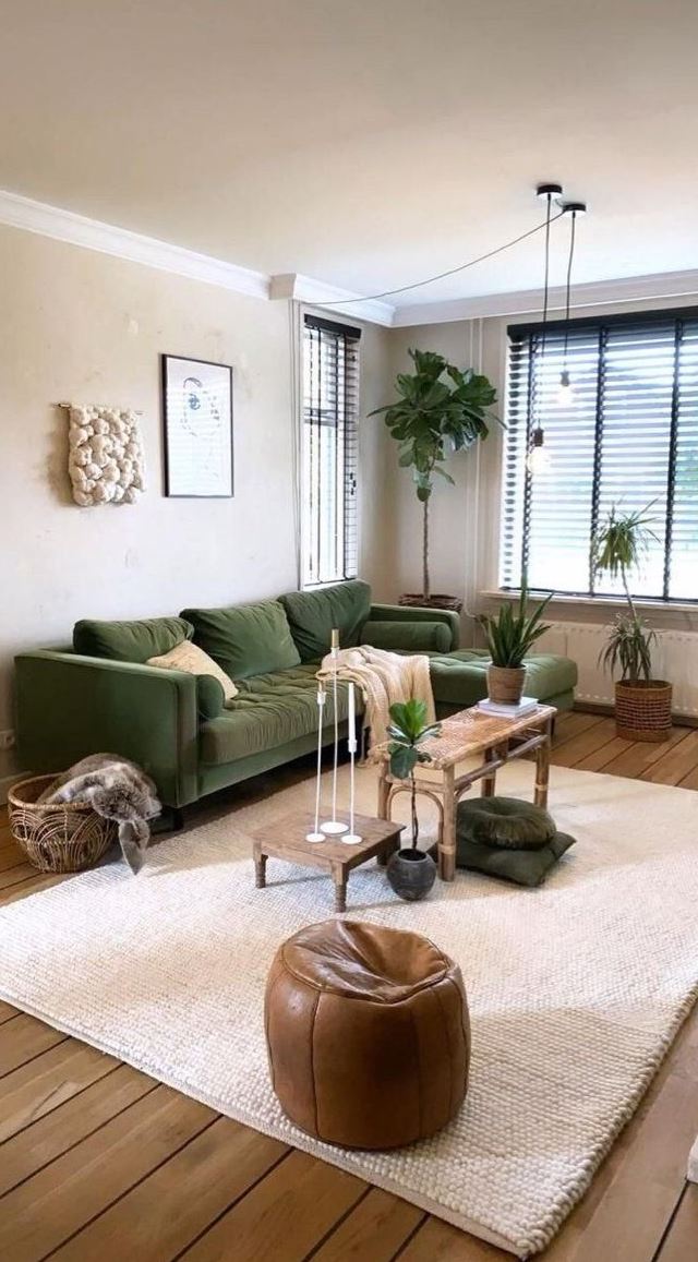 Incorporate a Leather Pouf for Soft Contrast