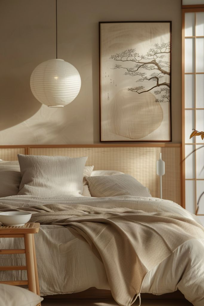 Minimalist Wall Art Adds a Serene Focal Point Above Bed