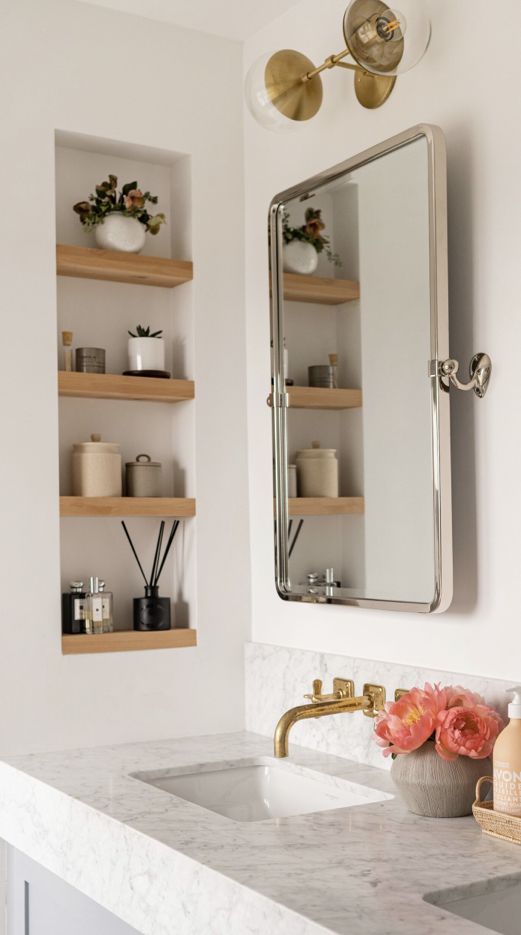 Recessed Shelves With Lidded Jars for Concealing Toiletries