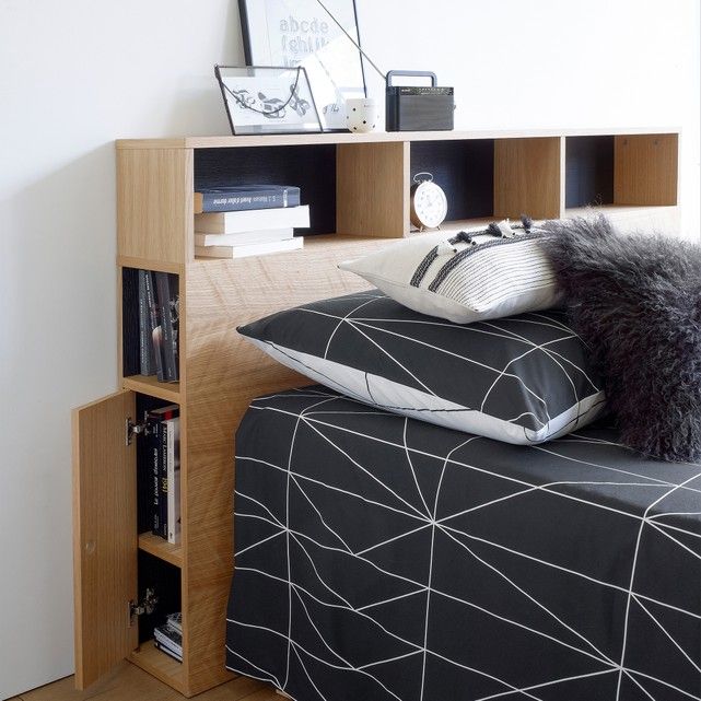 Wood Headboard With Integrated Cabinet For Hidden Storage